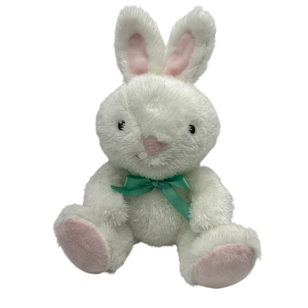 Hallmark White Bunny Rabbit Plush Stuffed Animal Green Bow Easter 10" pink green